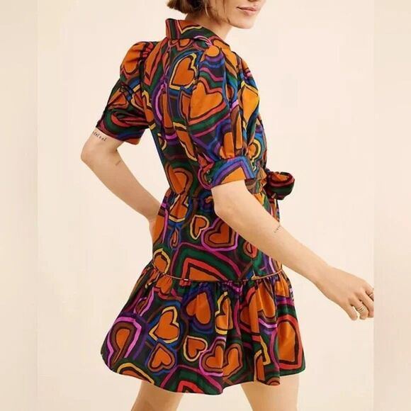 Anthropologie FARM Rio puff sleeve bow front colorful Heart Print Mini Dress M - Picture 7 of 8
